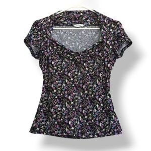 Ricki's Black Ditsy Floral Blouse Purple Blue Square Neck Stretchy Cute Bohemian